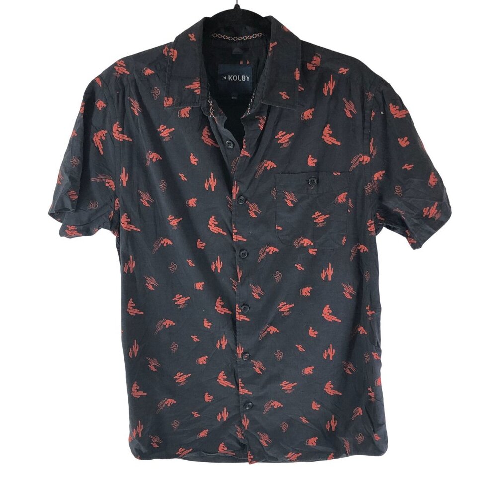 Kolby Mens Button Down Shirt Cactus Print Pocket Cotton Black Red M